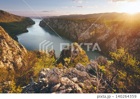 Danube River and Iron Gates Panorama at Sunset Danube River and Iron Gates Panorama at Sunset 140264359