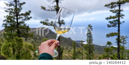 A woman is holding a glass of white wine against the backdrop of a tropical volcanic island landscape. High quality photo 140264412
