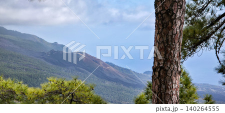 Scenic view of volcan Tajogaite, mountains and lush pine trees under a cloudy sky in La Palma, Canary Islands, showcasing natural beauty and diverse landscapes. High quality photo Scenic view of volcan Tajogaite, mountains and lush pine trees under a cloudy sky in La Palma, Canary Islands, showcasing natural beauty and diverse landscapes. High quality photo 140264555