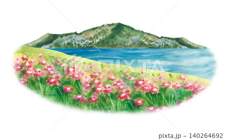 Watercolor summer landscape illustration with green mountain, blue sea, and blooming pink wildflower meadow. Hand-painted beautiful coastal nature scenery isolated on white background Watercolor summer landscape illustration with green mountain, blue sea, and blooming pink wildflower meadow. Hand-painted beautiful coastal nature scenery isolated on white background 140264692