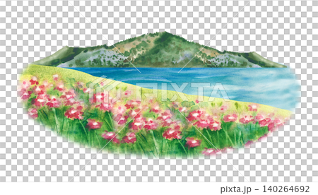 Watercolor summer landscape illustration with green mountain, blue sea, and blooming pink wildflower meadow. Hand-painted beautiful coastal nature scenery isolated on white background Watercolor summer landscape illustration with green mountain, blue sea, and blooming pink wildflower meadow. Hand-painted beautiful coastal nature scenery isolated on white background 140264692