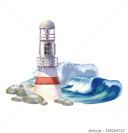 Watercolor lighthouse composition with sea waves and coastal stones isolated on white background. For sea-themed greeting cards, beach party invitations, coastal home decor prints, travel souvenir 140264727