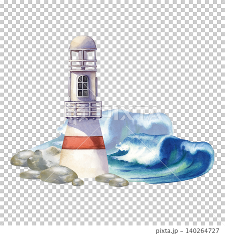 Watercolor lighthouse composition with sea waves and coastal stones isolated on white background. For sea-themed greeting cards, beach party invitations, coastal home decor prints, travel souvenir 140264727