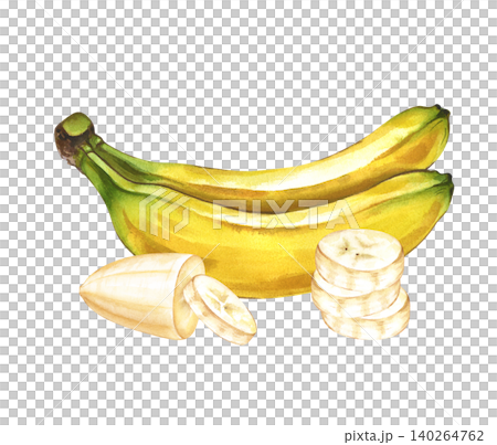 Watercolor banana composition with whole bananas, peeled piece and slices isolated on a white background. Hand-painted tropical fruit illustration for design, patterns, and packaging Watercolor banana composition with whole bananas, peeled piece and slices isolated on a white background. Hand-painted tropical fruit illustration for design, patterns, and packaging 140264762