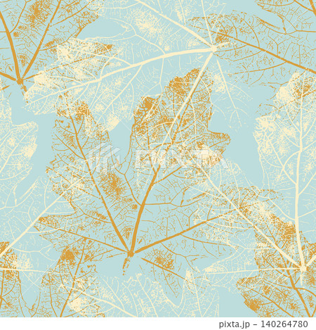 Seamless pattern with maple leaf skeletons on blue background. Vintage grunge botanical print for autumn textile, wedding invitation background or wrapping paper design Seamless pattern with maple leaf skeletons on blue background. Vintage grunge botanical print for autumn textile, wedding invitation background or wrapping paper design 140264780