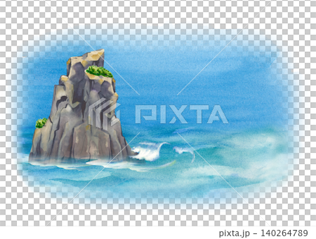 Watercolor seascape with an island rock, blue sky and sea on an isolated background. Composition for summer vacation banners, travel cards, and coastal posters Watercolor seascape with an island rock, blue sky and sea on an isolated background. Composition for summer vacation banners, travel cards, and coastal posters 140264789