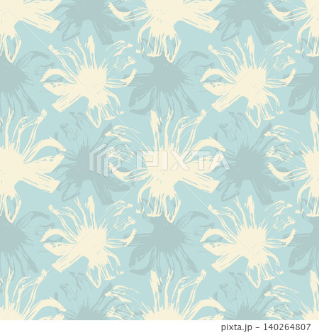 pattern featuring distressed sketch-style flower silhouettes. Light cream brush stroke floral elements overlaid on a soft pastel blue backdrop, perfect for modern apparel, interior wallpaper, textile 140264807