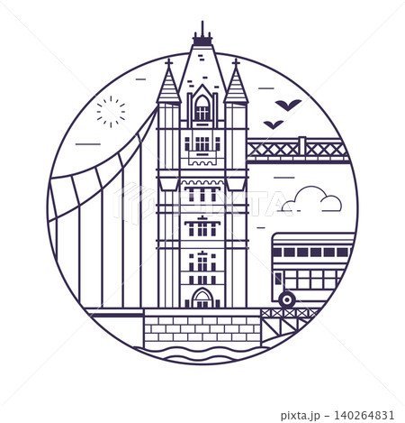 London Bus on Tower Bridge Line Icon London Bus on Tower Bridge Line Icon 140264831