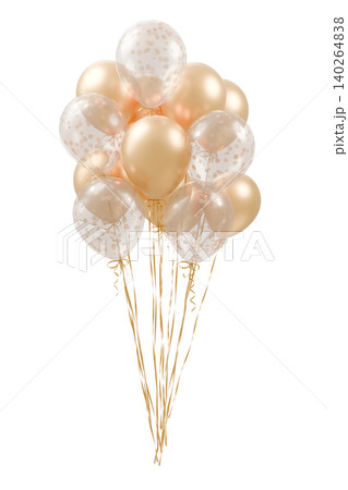 Bunch of glossy gold, white and transparent with polka dot pattern balloons on an isolated background. 3d rendering Bunch of glossy gold, white and transparent with polka dot pattern balloons on an isolated background. 3d rendering 140264838