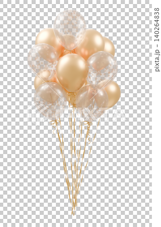 Bunch of glossy gold, white and transparent with polka dot pattern balloons on an isolated background. 3d rendering Bunch of glossy gold, white and transparent with polka dot pattern balloons on an isolated background. 3d rendering 140264838