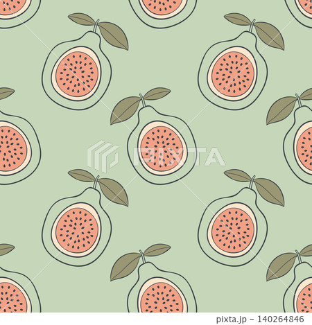 seamless pattern in Scandinavian minimalist style featuring cut halves of guava fruit with seeds and leaves on a soft mint green backdrop. Tropical organic food texture ideal for summer kitchen 140264846