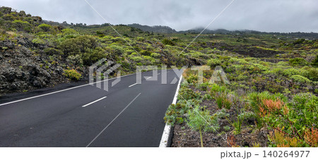 Scenic road through lush green landscape with volcanic rock formations under cloudy sky in mountains. High quality photo Scenic road through lush green landscape with volcanic rock formations under cloudy sky in mountains. High quality photo 140264977