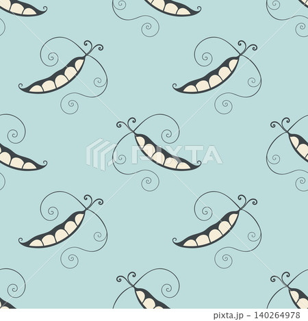 pattern featuring stylized hand drawn pea pods with curly tendrils. Minimalist and whimsical doodle illustration on a light blue backdrop, perfect for kitchen decor, baby textiles, fabric prints, and pattern featuring stylized hand drawn pea pods with curly tendrils. Minimalist and whimsical doodle illustration on a light blue backdrop, perfect for kitchen decor, baby textiles, fabric prints, and 140264978