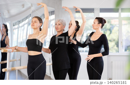 Experienced choreographer teaches ballet dancers movements at ballet barre in choreographic studio Experienced choreographer teaches ballet dancers movements at ballet barre in choreographic studio 140265181
