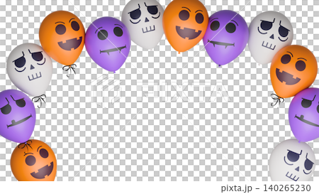 Banner with Halloween balloons. Balloon with monster faces. 3d rendered illustration Banner with Halloween balloons. Balloon with monster faces. 3d rendered illustration 140265230