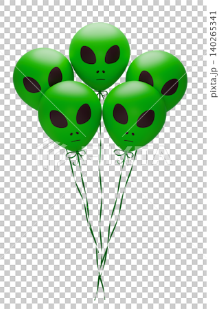 A bunch of space alien head balloons, suitable for space parties and World UFO Day celebrations. 3D rendering illustration. A bunch of space alien head balloons, suitable for space parties and World UFO Day celebrations. 3D rendering illustration. 140265341