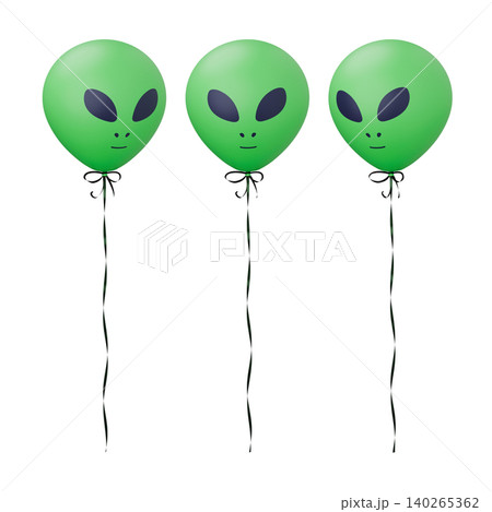 Space alien green heads as balloons. Suitable for space party, world ufo day celebration. 3d rendering illustration. 140265362