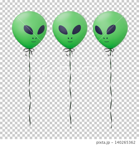 Space alien green heads as balloons. Suitable for space party, world ufo day celebration. 3d rendering illustration. 140265362