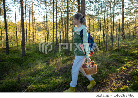 Woman nature lover exploring pine forest on autumn day hunting for fresh edible porcini mushrooms. Woman nature lover exploring pine forest on autumn day hunting for fresh edible porcini mushrooms. 140265466