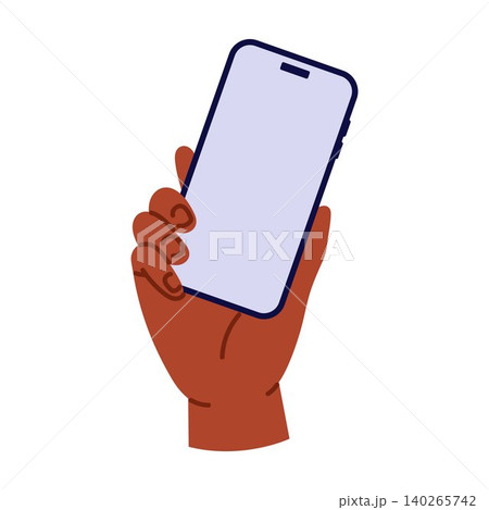 Hand holding smartphone with blank screen. Mobile technology, communication and digital gadget concept. Vector illustration isolated on white background Hand holding smartphone with blank screen. Mobile technology, communication and digital gadget concept. Vector illustration isolated on white background 140265742