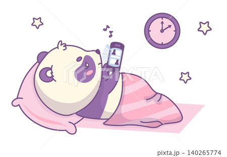 Cute Panda Character Engrossed In Smartphone Scrolling While Lying At Night. Kawaii Bear Cartoon Animal With Blue Light Glow. Digital Addiction And Insomnia Concept. Vector Illustration. 140265774