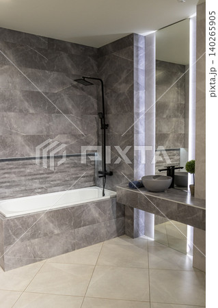 Contemporary Washroom Design Featuring Black Rainfall Shower and Vessel Sink Contemporary Washroom Design Featuring Black Rainfall Shower and Vessel Sink 140265905