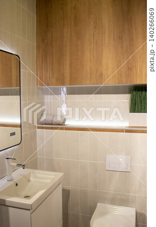 Contemporary Restroom Decor Featuring Ceramic Sink and Textured Geometric Wall Contemporary Restroom Decor Featuring Ceramic Sink and Textured Geometric Wall 140266069