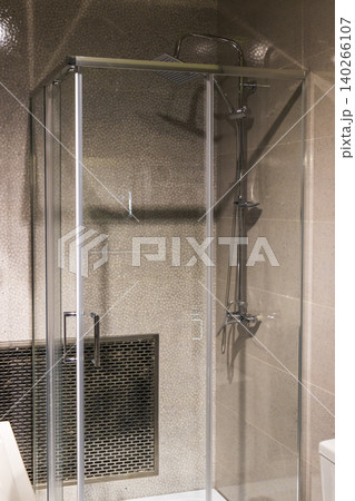 Modern Glass Shower Enclosure with Chrome Rain Shower Head and Mixer Modern Glass Shower Enclosure with Chrome Rain Shower Head and Mixer 140266107