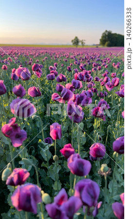 Purple poppy flowers blooming in a vast field during sunset 140266338
