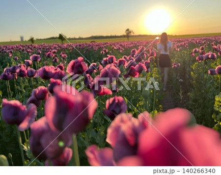 Woman walking through blooming poppy field at sunset, vibrant colors Woman walking through blooming poppy field at sunset, vibrant colors 140266340