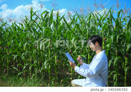 Agricultural researcher recording crop results on clipboard Agricultural researcher recording crop results on clipboard 140266392