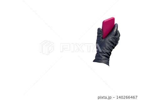 Mobile phone in hand in black leather glove Mobile phone in hand in black leather glove 140266467