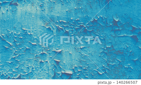 Azure blue blistering cracked paint on old metal surface 140266507