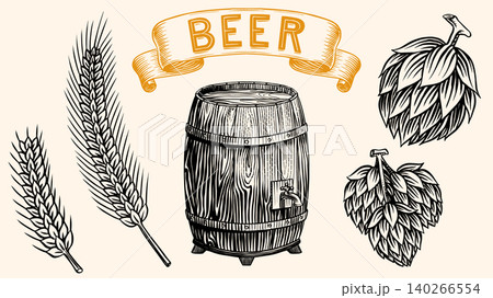 A beer banner a hop plant and a wooden barrel. Wheat and rye hand drawn engraving in old traditional 140266554