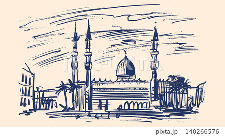 Drawing of a Muslim mosque with a towers. Non-existed abstract architectural landmark hand drawn art 140266576