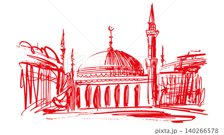 Drawing of a Muslim mosque with a towers. Non-existed abstract architectural landmark hand drawn art 140266578