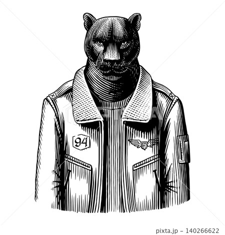 Animal wild black panther cat man character in aviator military jacket clothes in hand drawn 140266622