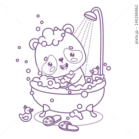 Outline Cute Panda Cartoon Bear in Bubble Bath with Rubber Duck. Funny Kawaii Animal Character in Shower in Bathroom. Line drawing, coloring page. Vector illustration. Spa Day Routine. Kids Outline Cute Panda Cartoon Bear in Bubble Bath with Rubber Duck. Funny Kawaii Animal Character in Shower in Bathroom. Line drawing, coloring page. Vector illustration. Spa Day Routine. Kids 140266862