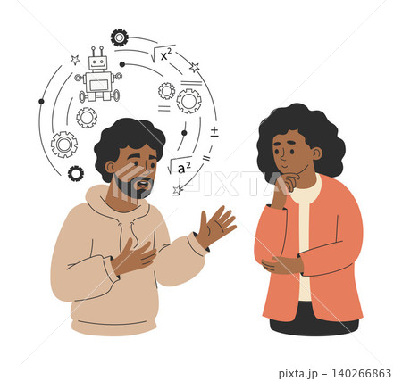 Black Autistic Engineer Sharing Robotics Passion with Friend. African American Man and Woman Talking About Technology. Neurodiversity at Work, Interests, Hobbies Concept. Isolated Vector Illustration. Black Autistic Engineer Sharing Robotics Passion with Friend. African American Man and Woman Talking About Technology. Neurodiversity at Work, Interests, Hobbies Concept. Isolated Vector Illustration. 140266863