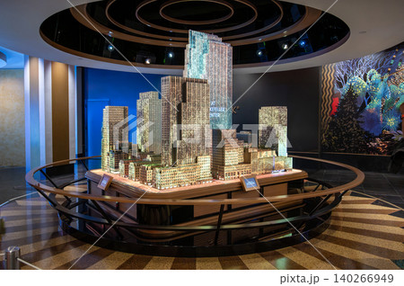 New york, usa august 21,2024. Rockefeller center scale model showcasing urban architecture and planning in an exhibition, representing a bustling new york city district New york, usa august 21,2024. Rockefeller center scale model showcasing urban architecture and planning in an exhibition, representing a bustling new york city district 140266949