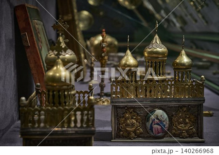 Ornate Orthodox church chalice with icon of Jesus Christ, religious liturgical object close up 140266968