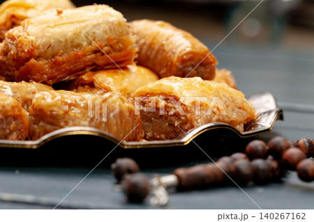 Plate of baklava dessert close up served on table 140267162
