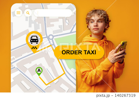 Person looks at phone while using map to order taxi in urban area Person looks at phone while using map to order taxi in urban area 140267319