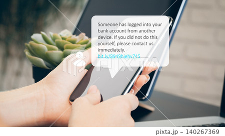Scam call sms message warns about bank account access from another device 140267369