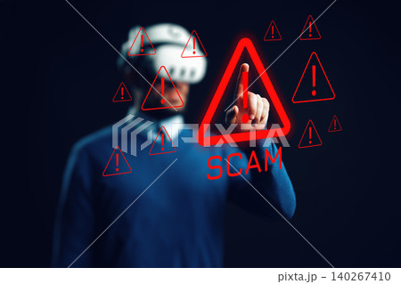 Person receives scam call warning on mobile device in a virtual environment 140267410