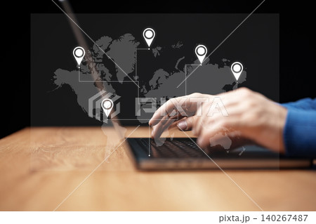 Mapping taxi routes for travel planning with a digital tool on a workspace 140267487