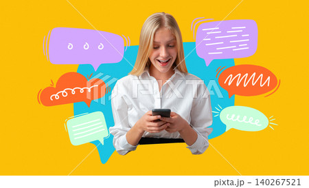 Woman smiles while reading messages on her phone in a colorful background with speech bubbles Woman smiles while reading messages on her phone in a colorful background with speech bubbles 140267521