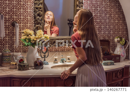 Female traveler stands at a decorative tiled sink and mirror, showing self care, colonial design, Mexican heritage and travel lifestyle concept Female traveler stands at a decorative tiled sink and mirror, showing self care, colonial design, Mexican heritage and travel lifestyle concept 140267771