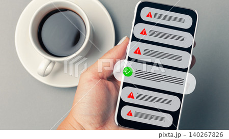 Scam call sms messages received on a smartphone while having coffee 140267826