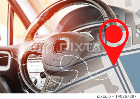 Taxi route map shows directions and location from the driver's perspective while driving Taxi route map shows directions and location from the driver's perspective while driving 140267897